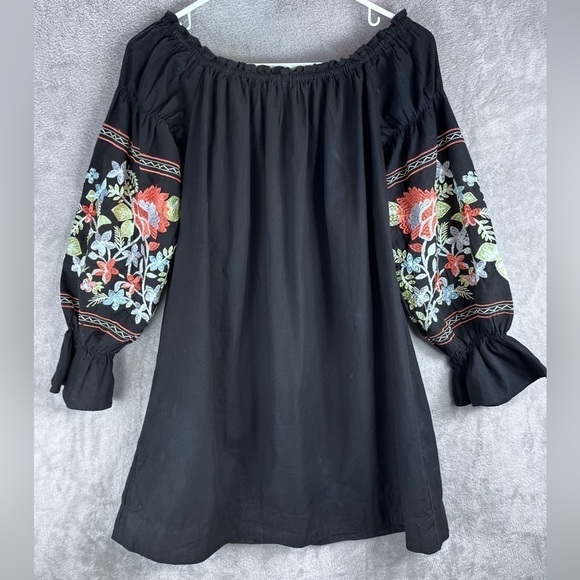 FREE PEOPLE Flour Du Jour Black Heavily Embroidered Floral Shift Dress Size XS - Picture 7 of 16